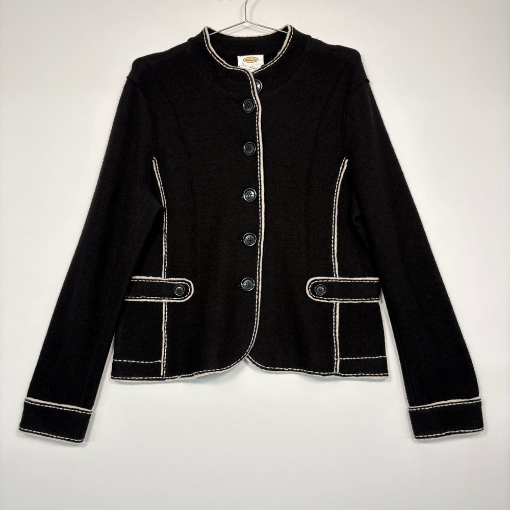 Talbots Women Jacket XL Black Merino Wool Contrast Stitch Button Front 10632